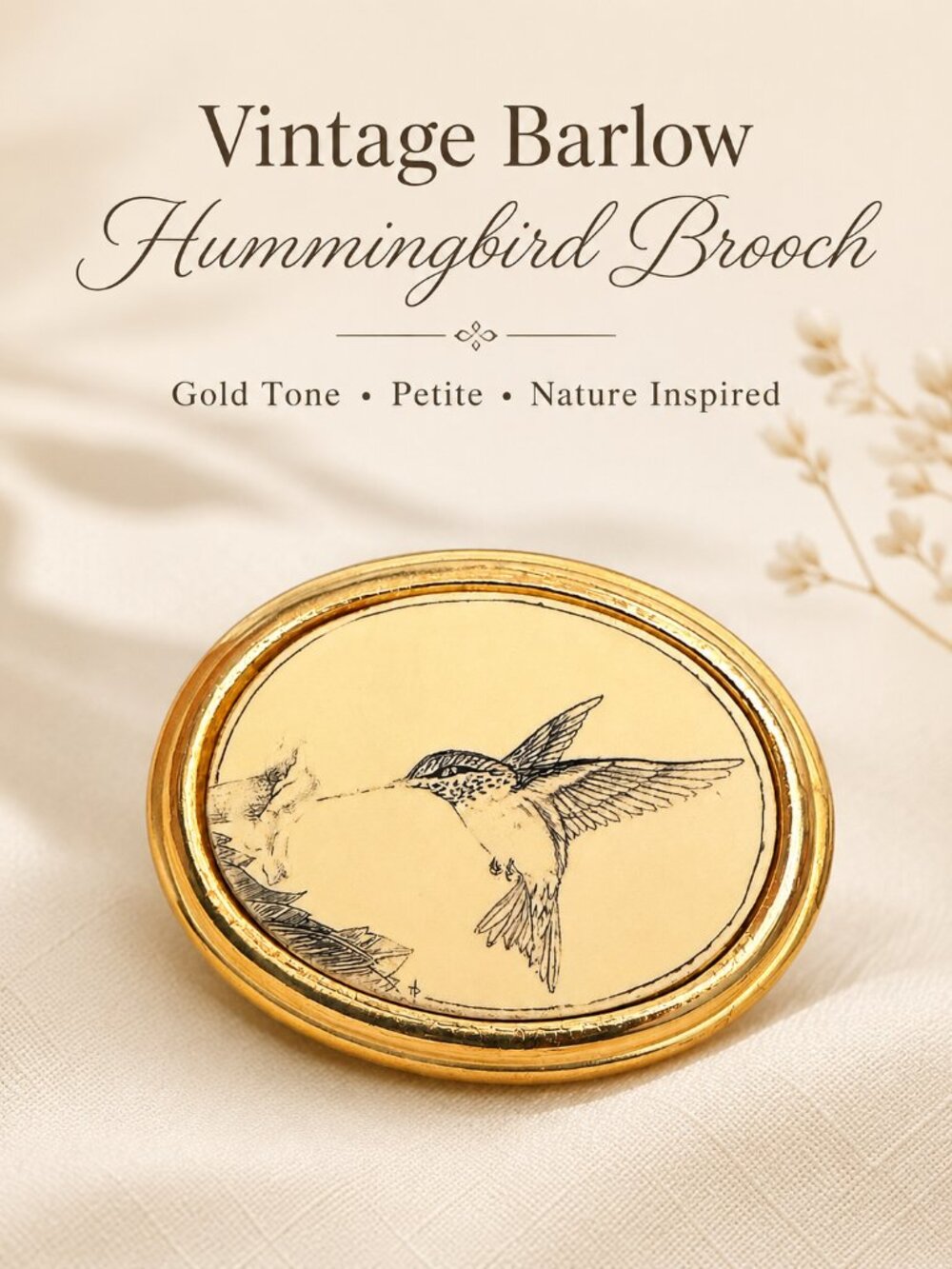 Vintage Barlow Hummingbird Faux Scrimshaw Gold Tone Brooch